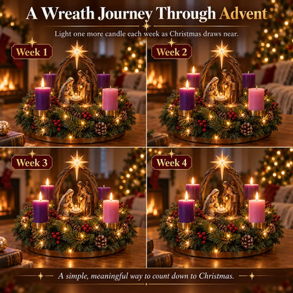 ✝️🌟 Lighted Nativity Advent Wreath – 4-Week Christmas Candlelight Tradition 🌟