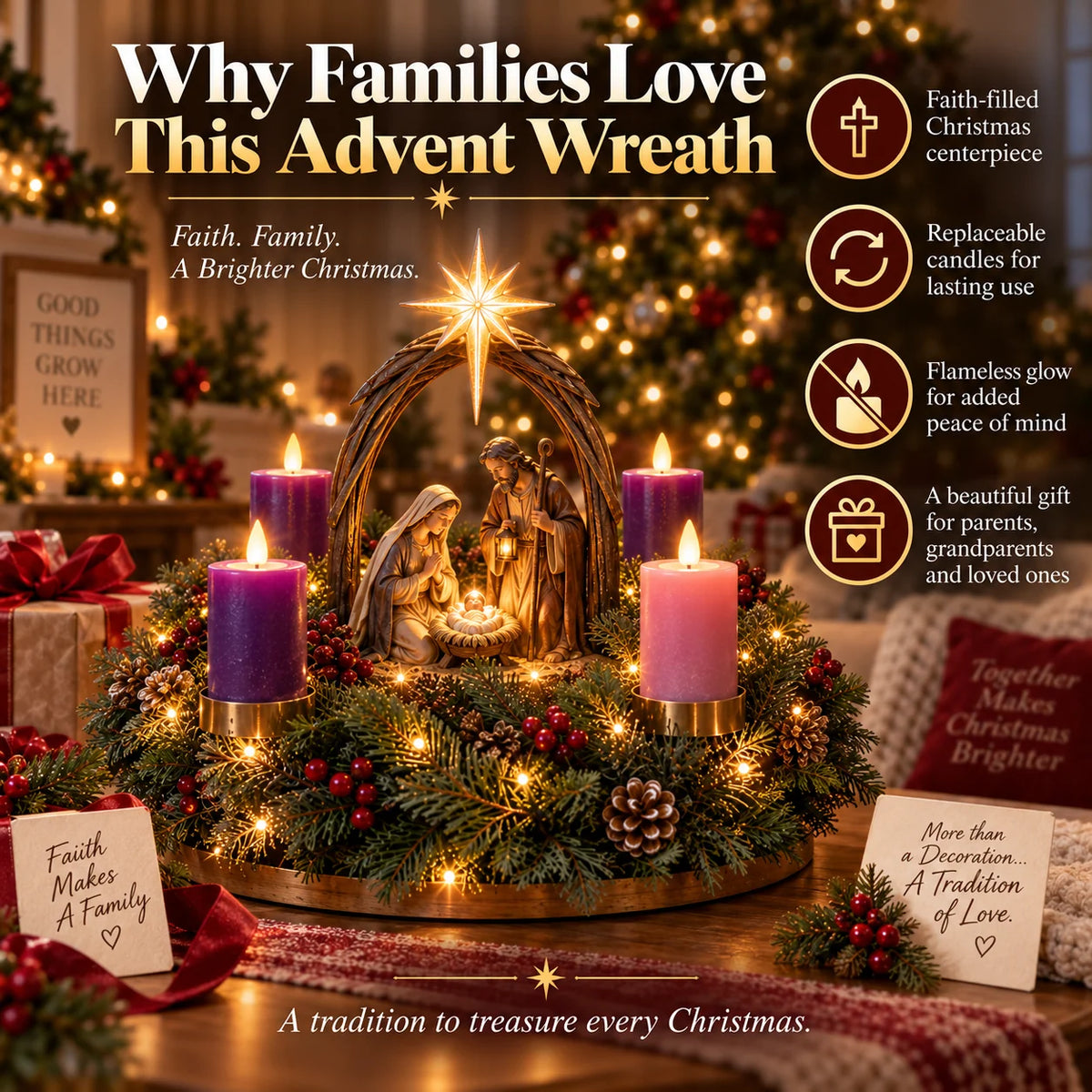 ✝️🌟 Lighted Nativity Advent Wreath – 4-Week Christmas Candlelight Tradition 🌟