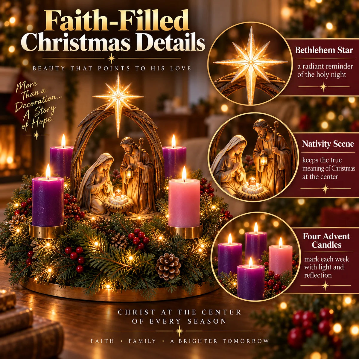 ✝️🌟 Lighted Nativity Advent Wreath – 4-Week Christmas Candlelight Tradition 🌟