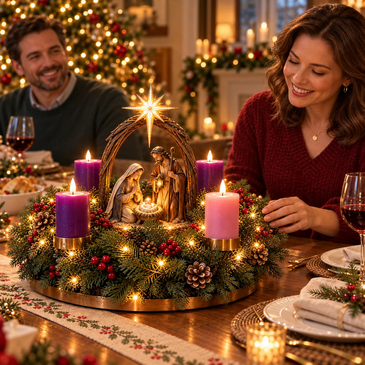 ✝️🌟 Lighted Nativity Advent Wreath – 4-Week Christmas Candlelight Tradition 🌟