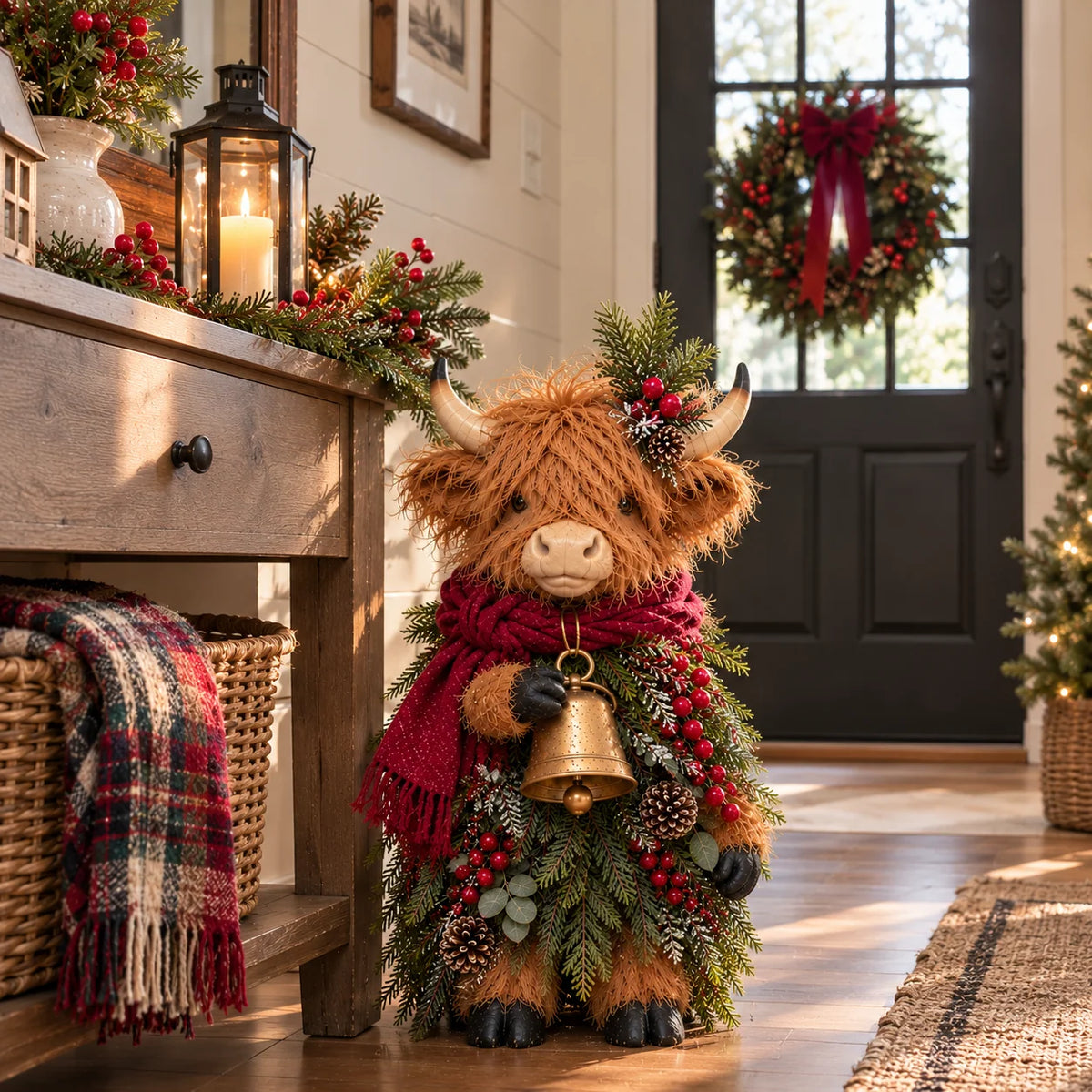 🌟Christmas Highland Cow with Bell – Rustic Farmhouse Holiday Figurine with Evergreen Accents & Burgundy Scarf🌟