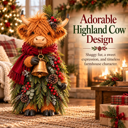 🌟Christmas Highland Cow with Bell – Rustic Farmhouse Holiday Figurine with Evergreen Accents & Burgundy Scarf🌟