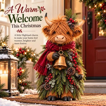 🌟Christmas Highland Cow with Bell – Rustic Farmhouse Holiday Figurine with Evergreen Accents & Burgundy Scarf🌟