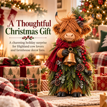 🌟Christmas Highland Cow with Bell – Rustic Farmhouse Holiday Figurine with Evergreen Accents & Burgundy Scarf🌟