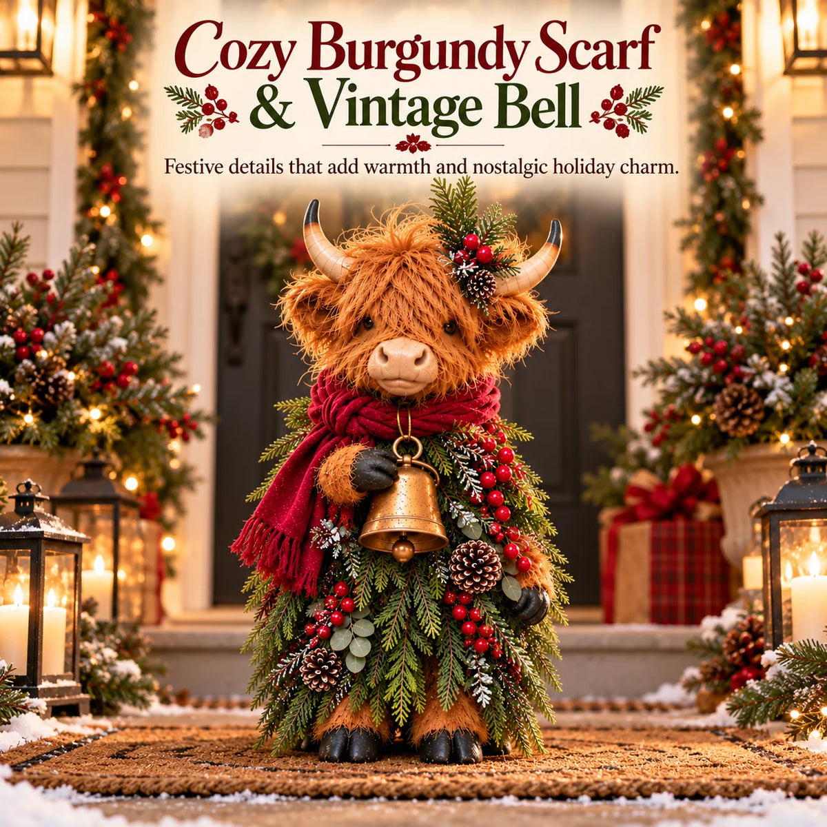 🌟Christmas Highland Cow with Bell – Rustic Farmhouse Holiday Figurine with Evergreen Accents & Burgundy Scarf🌟