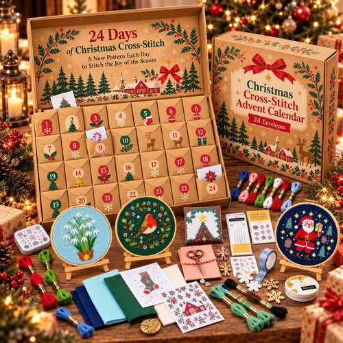 🎄🧵 24-Day Christmas Cross-Stitch Advent Calendar – 24 Surprise Patterns in Numbered Kraft Envelopes | DIY Embroidery Kit & Creative Holiday Gift
