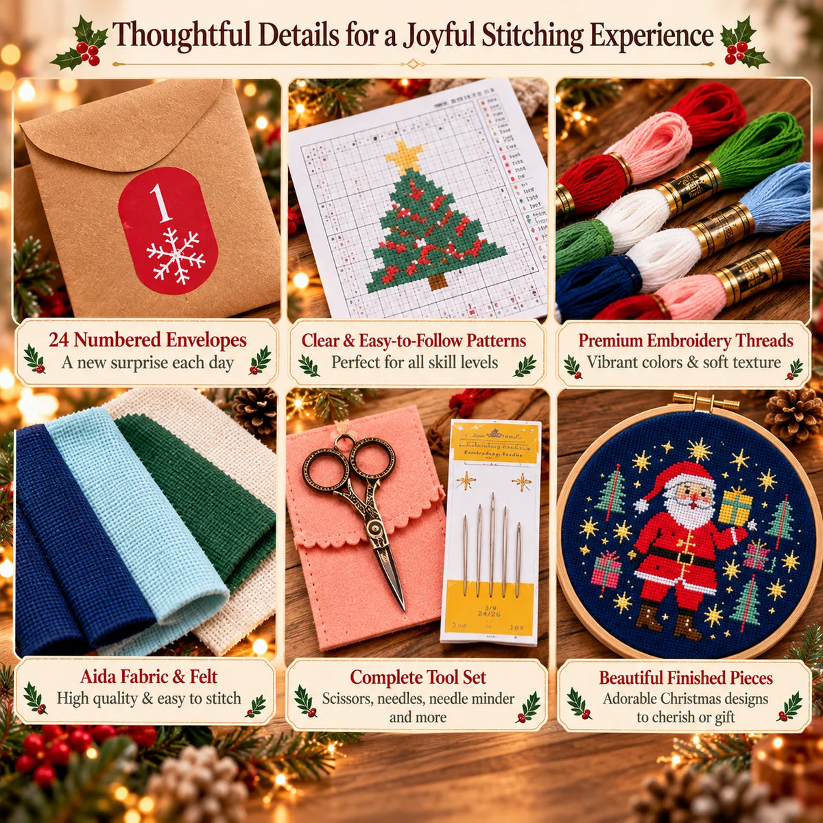 🎄🧵 24-Day Christmas Cross-Stitch Advent Calendar – 24 Surprise Patterns in Numbered Kraft Envelopes | DIY Embroidery Kit & Creative Holiday Gift