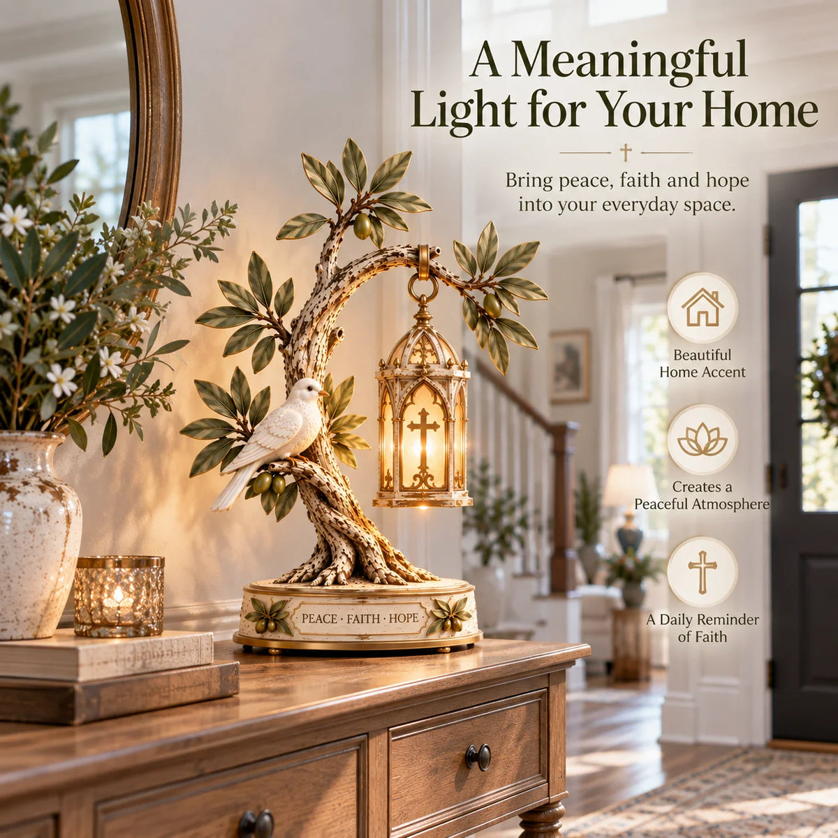 Promise Of Peace™ – Lighted Olive Tree With White Dove & Hanging Cross Lantern | Christian Faith Home Decor 🕊️✨