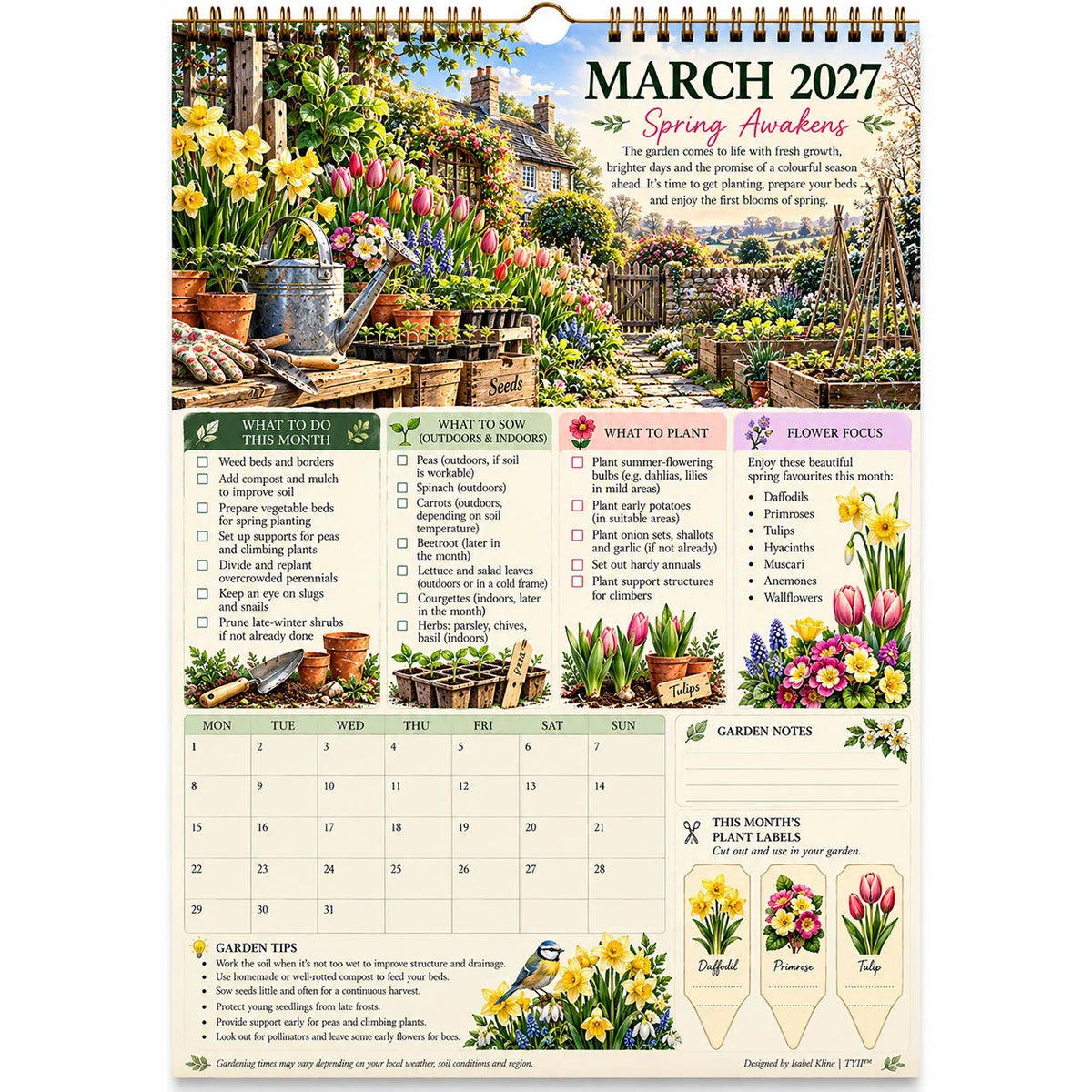 2027 Four Seasons Gardening Calendar & Monthly Planner – A4 Wall Calendar with Planting Guide, Garden Tasks & Plant Labels