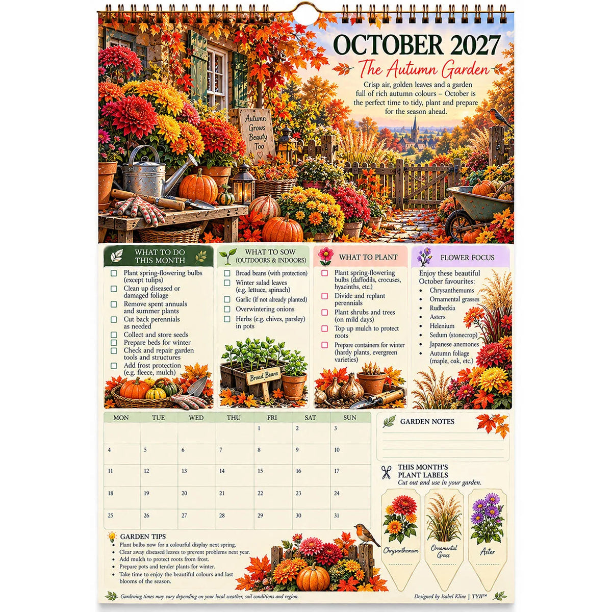 2027 Four Seasons Gardening Calendar & Monthly Planner – A4 Wall Calendar with Planting Guide, Garden Tasks & Plant Labels