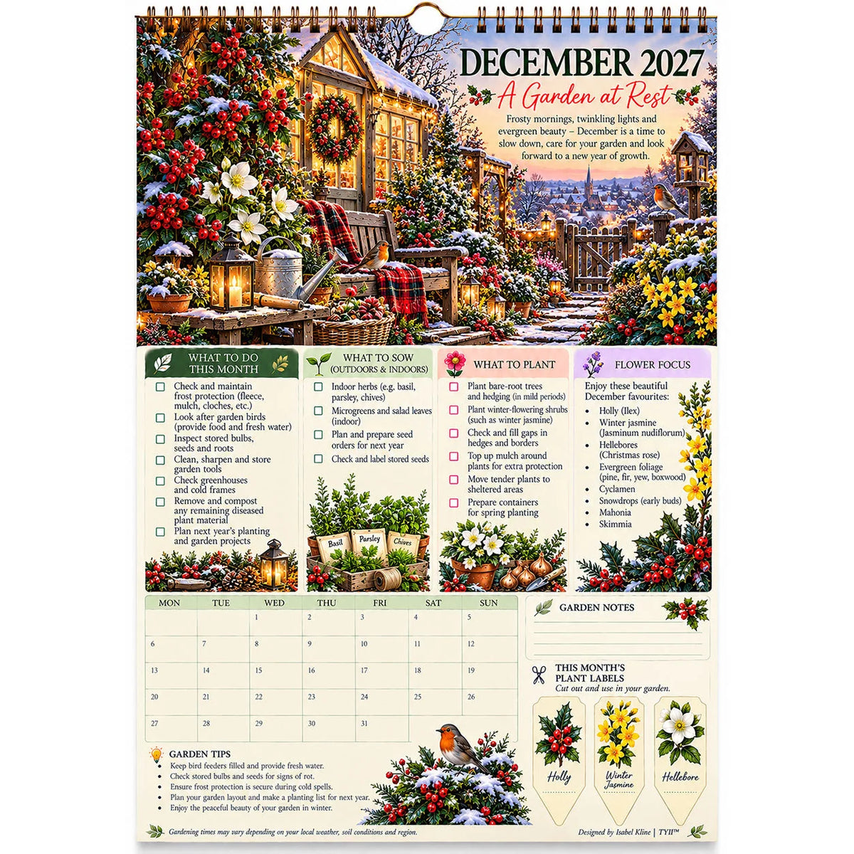 2027 Four Seasons Gardening Calendar & Monthly Planner – A4 Wall Calendar with Planting Guide, Garden Tasks & Plant Labels