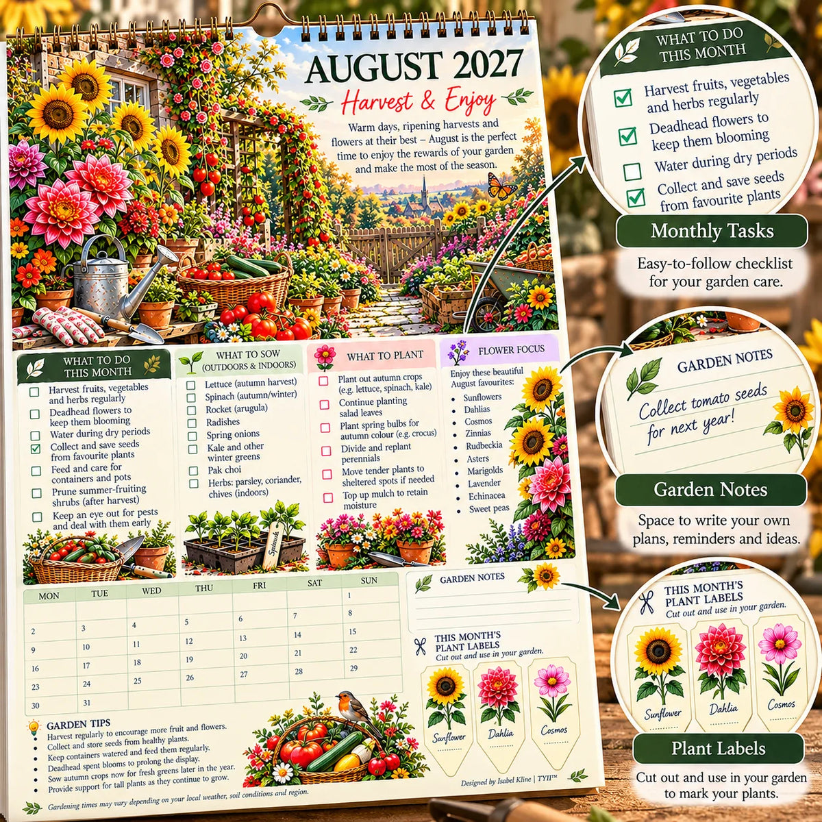 2027 Four Seasons Gardening Calendar & Monthly Planner – A4 Wall Calendar with Planting Guide, Garden Tasks & Plant Labels