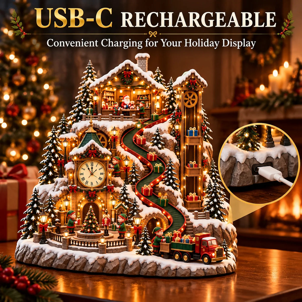 Animated Christmas Toy Factory Village With Moving Clock & Gift Conveyor, Usb-c Rechargeable Lighted Holiday Centerpiece