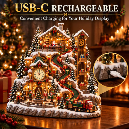 Animated Christmas Toy Factory Village With Moving Clock & Gift Conveyor, Usb-c Rechargeable Lighted Holiday Centerpiece