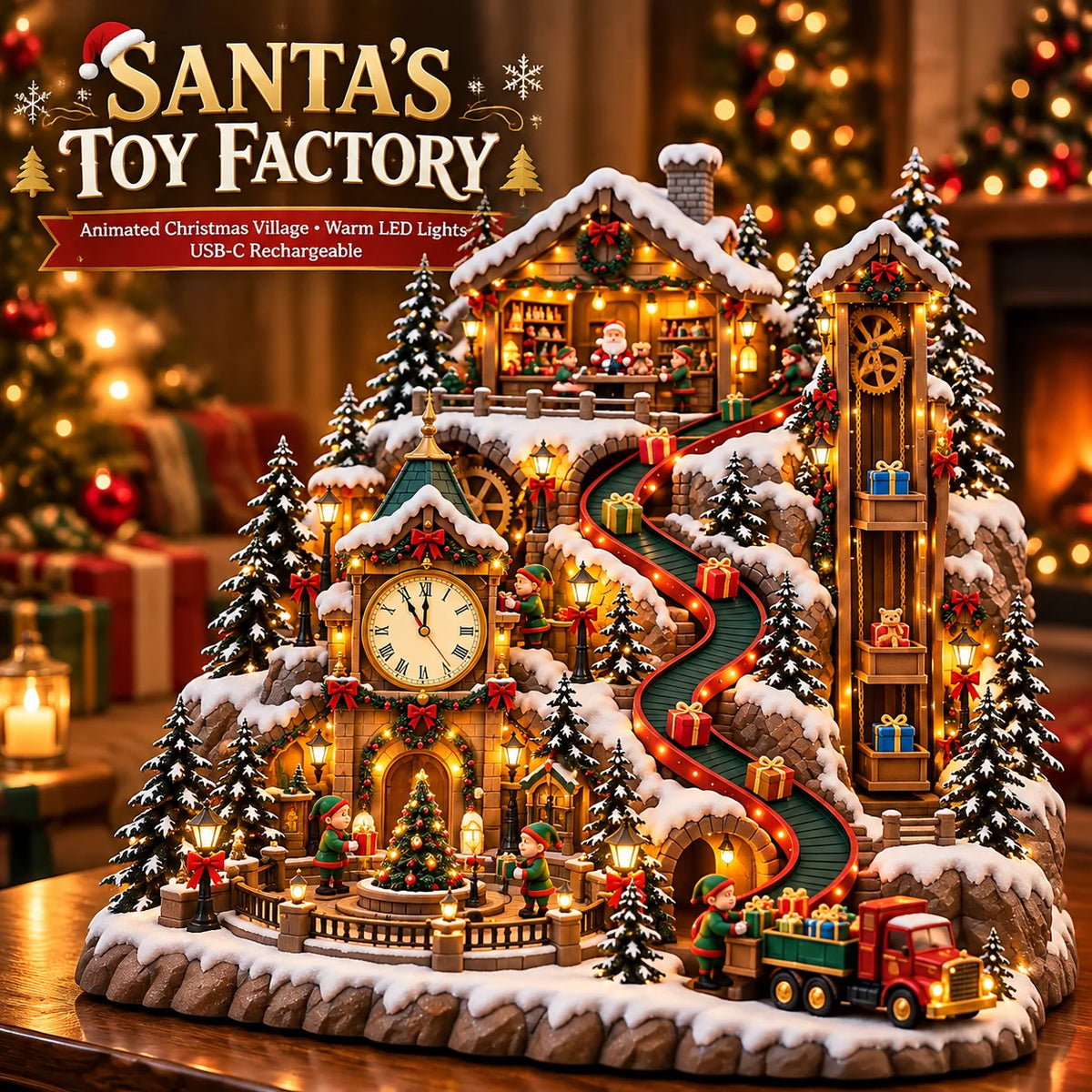 Animated Christmas Toy Factory Village With Moving Clock & Gift Conveyor, Usb-c Rechargeable Lighted Holiday Centerpiece