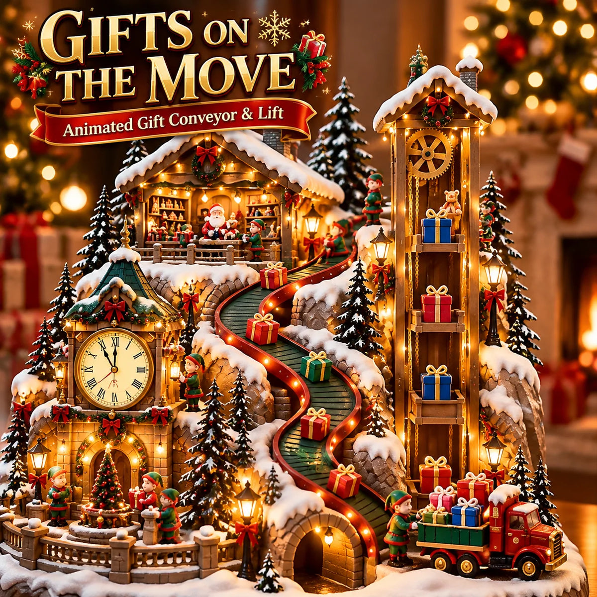 Animated Christmas Toy Factory Village With Moving Clock & Gift Conveyor, Usb-c Rechargeable Lighted Holiday Centerpiece