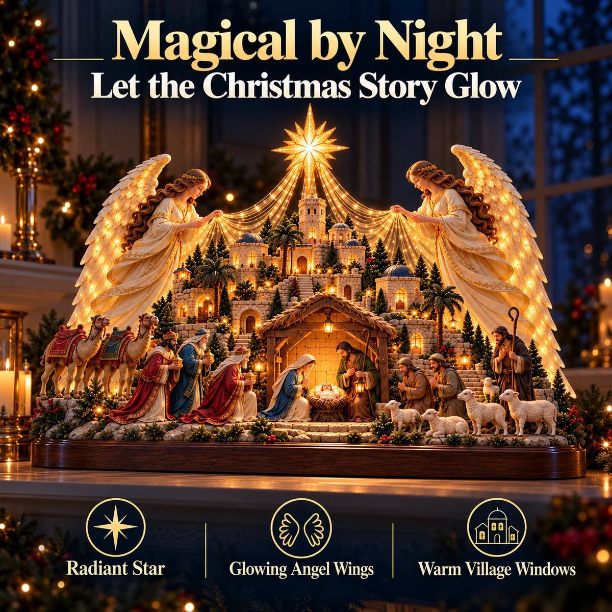 🎄✨ Angels Over Bethlehem™ – Lighted 3D Nativity Mantel Centerpiece with Angel Wings & Star