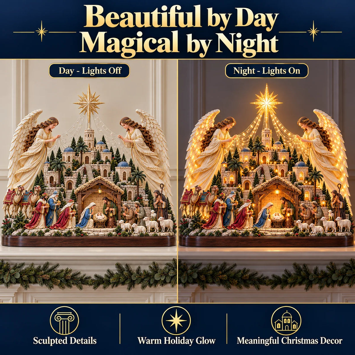 🎄✨ Angels Over Bethlehem™ – Lighted 3D Nativity Mantel Centerpiece with Angel Wings & Star