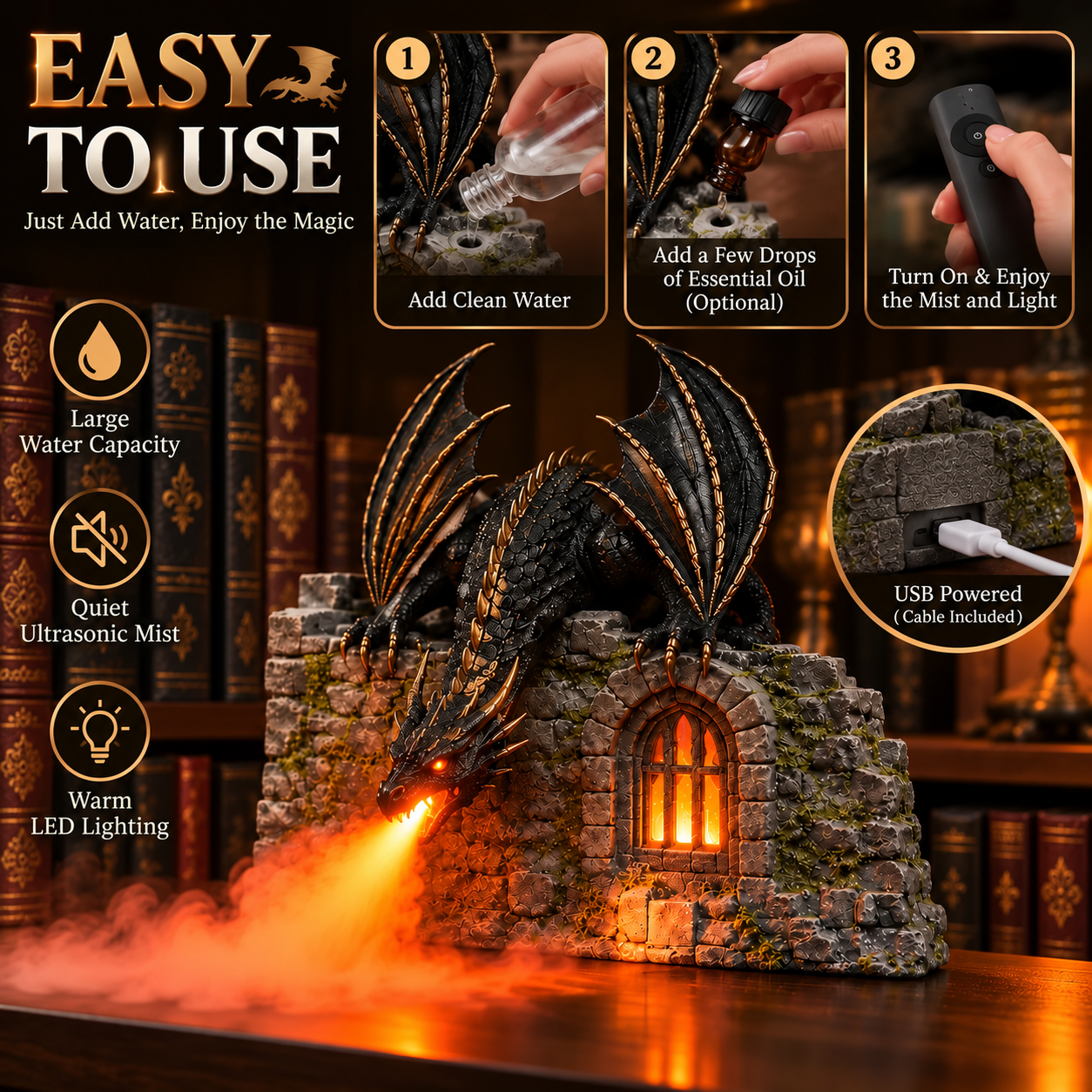 Dragon humidifier flame mist effect