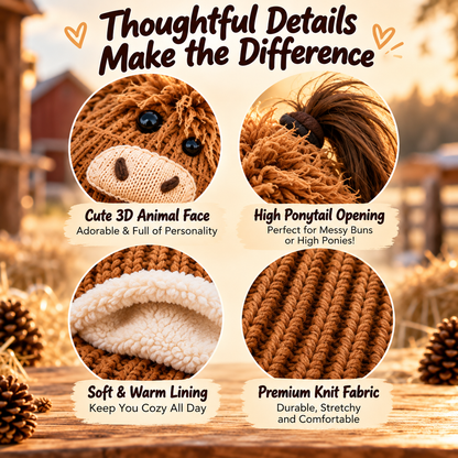 🐮🐴 Cozy Farm Friends™ – DIY Highland Cow & Horse Ponytail Beanie | Cute Animal Knit Winter Hat for Men & Women
