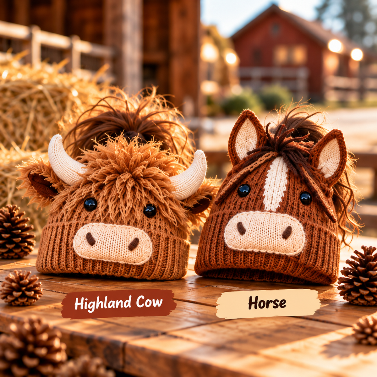 🐮🐴 Cozy Farm Friends™ – DIY Highland Cow & Horse Ponytail Beanie | Cute Animal Knit Winter Hat for Men & Women