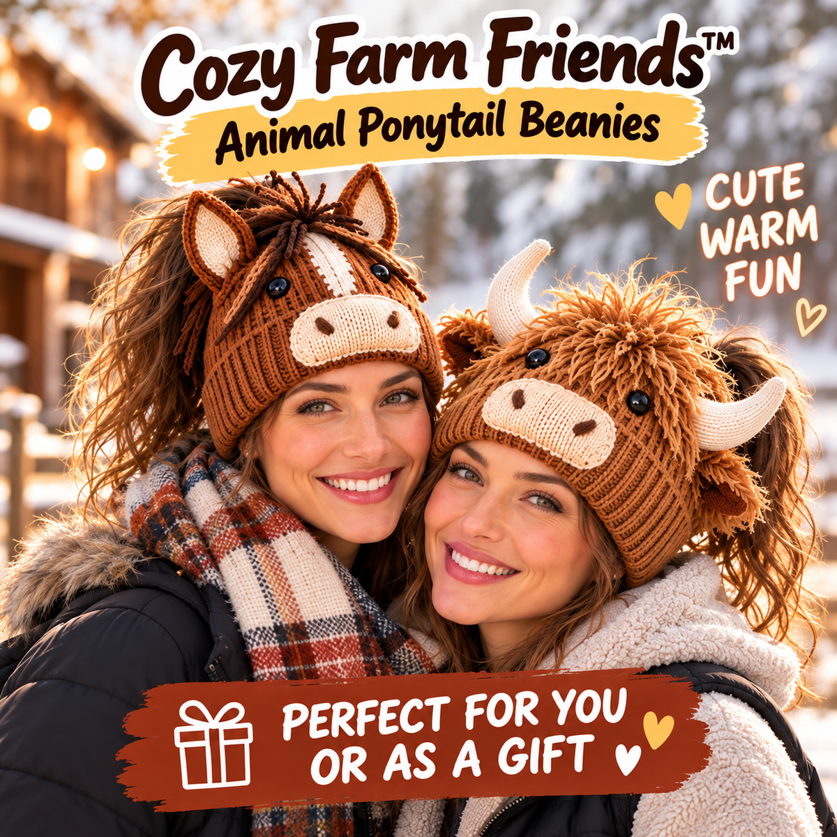 🐮🐴 Cozy Farm Friends™ – DIY Highland Cow & Horse Ponytail Beanie | Cute Animal Knit Winter Hat for Men & Women