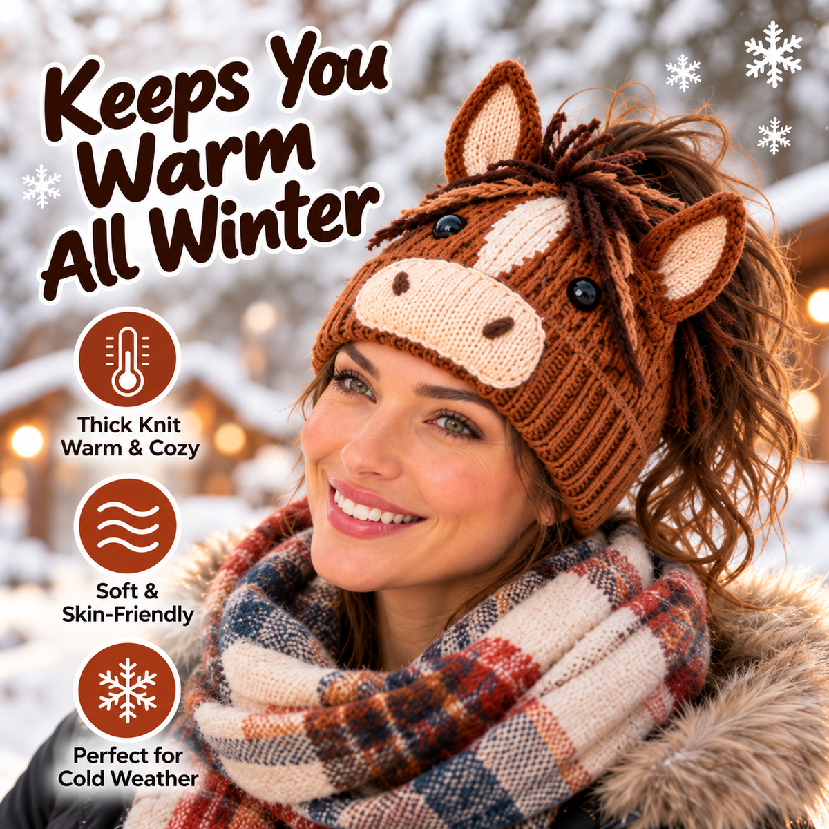 🐮🐴 Cozy Farm Friends™ – DIY Highland Cow & Horse Ponytail Beanie | Cute Animal Knit Winter Hat for Men & Women