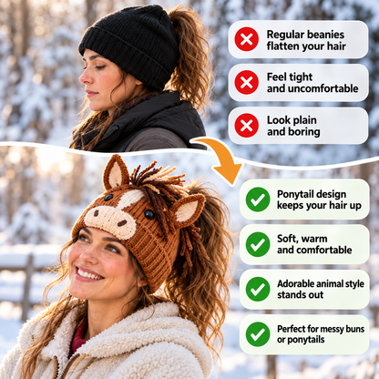 🐮🐴 Cozy Farm Friends™ – DIY Highland Cow & Horse Ponytail Beanie | Cute Animal Knit Winter Hat for Men & Women