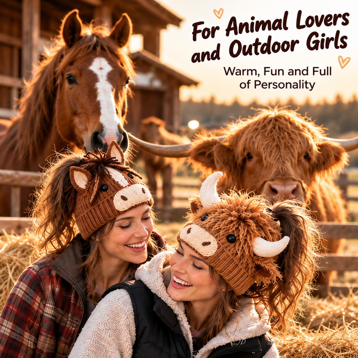 🐮🐴 Cozy Farm Friends™ – DIY Highland Cow & Horse Ponytail Beanie | Cute Animal Knit Winter Hat for Men & Women