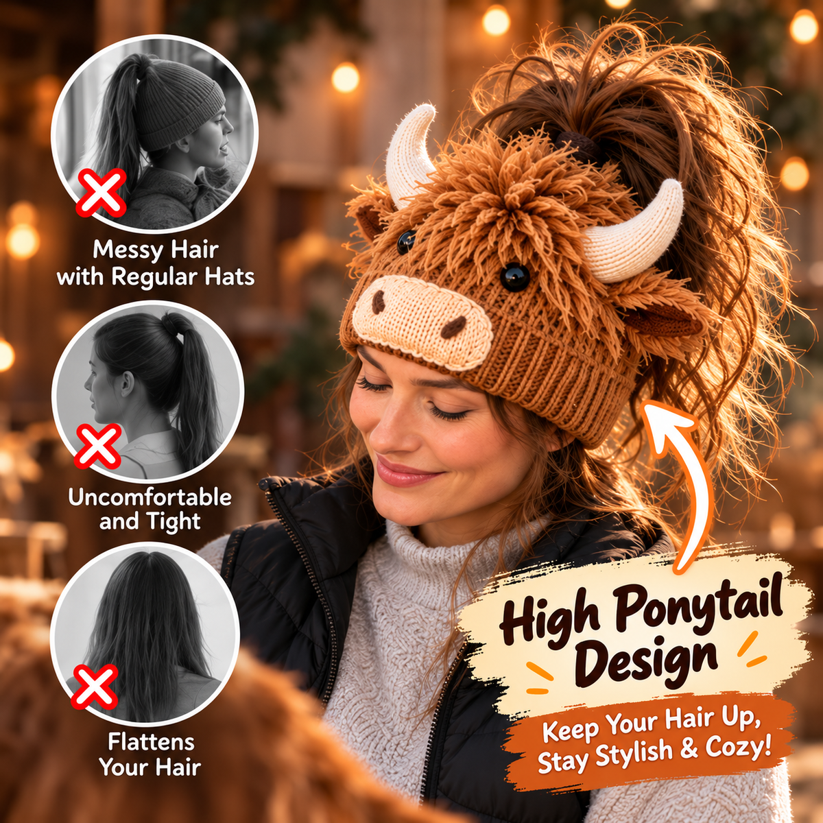 🐮🐴 Cozy Farm Friends™ – DIY Highland Cow & Horse Ponytail Beanie | Cute Animal Knit Winter Hat for Men & Women