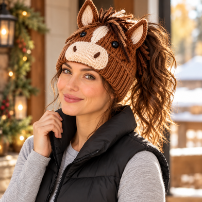 🐮🐴 Cozy Farm Friends™ – DIY Highland Cow & Horse Ponytail Beanie | Cute Animal Knit Winter Hat for Men & Women