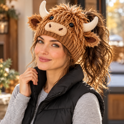 🐮🐴 Cozy Farm Friends™ – DIY Highland Cow & Horse Ponytail Beanie | Cute Animal Knit Winter Hat for Men & Women