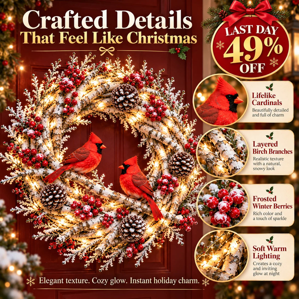 🌟🔥 Snowy Birch Cardinal Wreath™ – Lighted Christmas Door Wreath with Paired Red Cardinals, Berries & Pinecones ❤️🎄✨