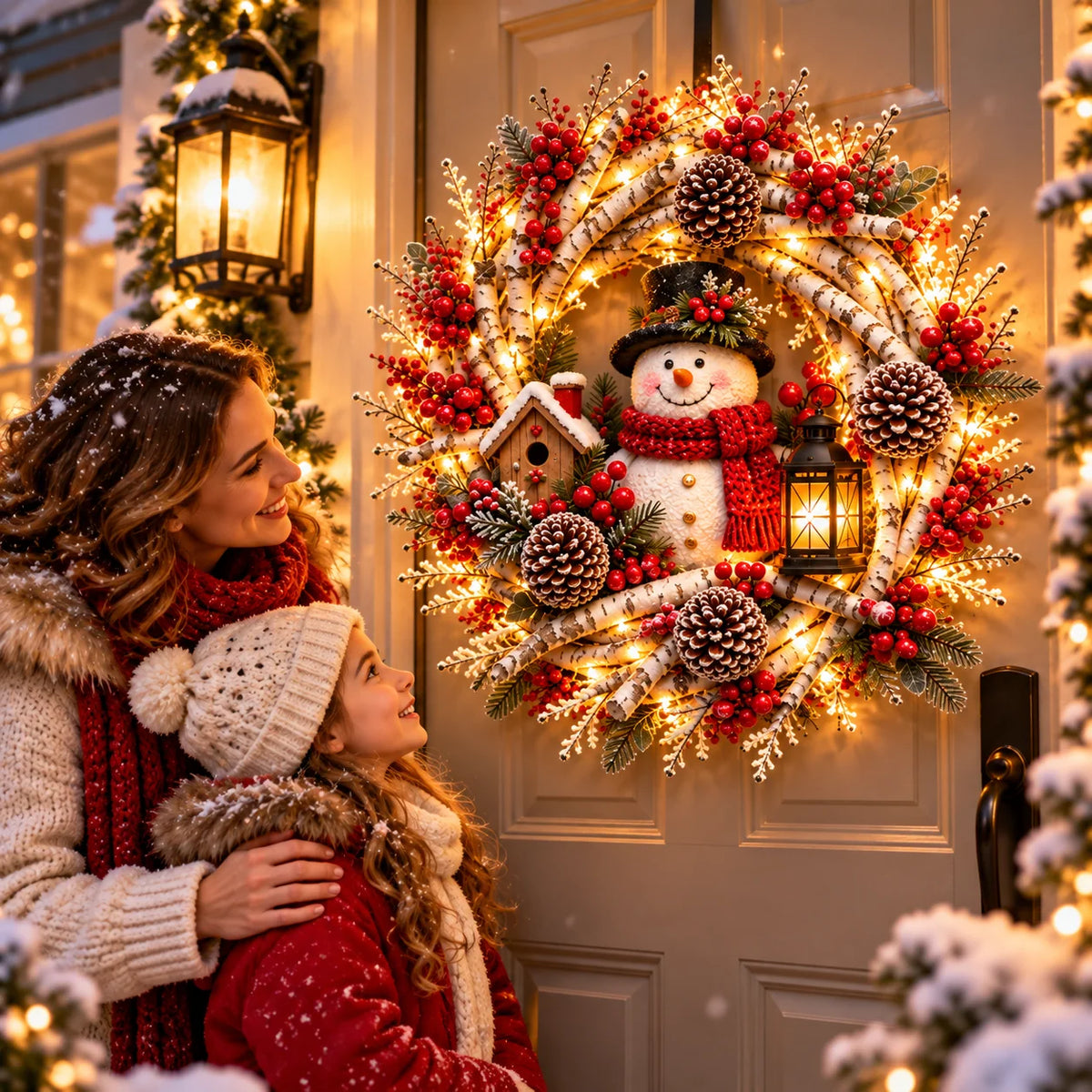 🌟🔥 Snowy Birch Cardinal Wreath™ – Lighted Christmas Door Wreath with Paired Red Cardinals, Berries & Pinecones ❤️🎄✨