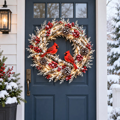🌟🔥 Snowy Birch Cardinal Wreath™ – Lighted Christmas Door Wreath with Paired Red Cardinals, Berries & Pinecones ❤️🎄✨