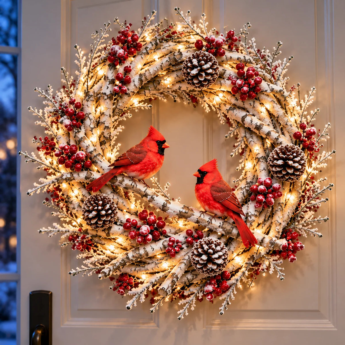 🌟🔥 Snowy Birch Cardinal Wreath™ – Lighted Christmas Door Wreath with Paired Red Cardinals, Berries & Pinecones ❤️🎄✨