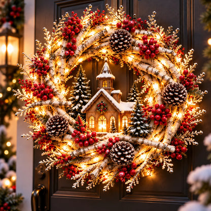🌟🔥 Snowy Birch Cardinal Wreath™ – Lighted Christmas Door Wreath with Paired Red Cardinals, Berries & Pinecones ❤️🎄✨