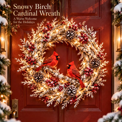 🌟🔥 Snowy Birch Cardinal Wreath™ – Lighted Christmas Door Wreath with Paired Red Cardinals, Berries & Pinecones ❤️🎄✨