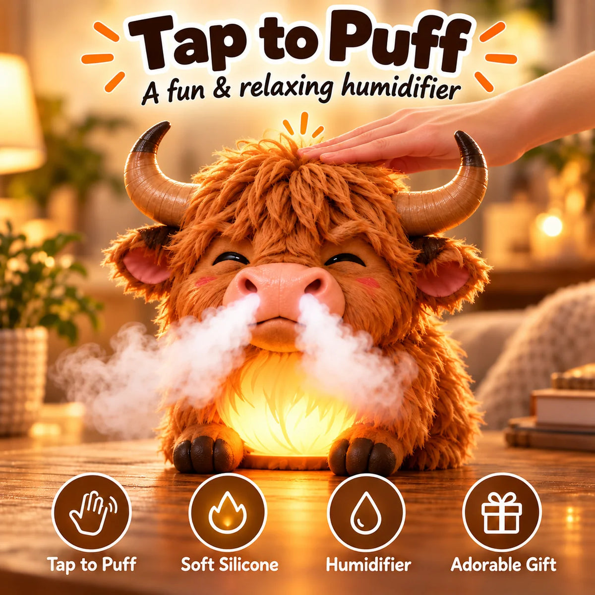 🐮 Highland Cow Huff™ – Tap-to-Puff Humidifier & Colorful Night Light ✨🎁