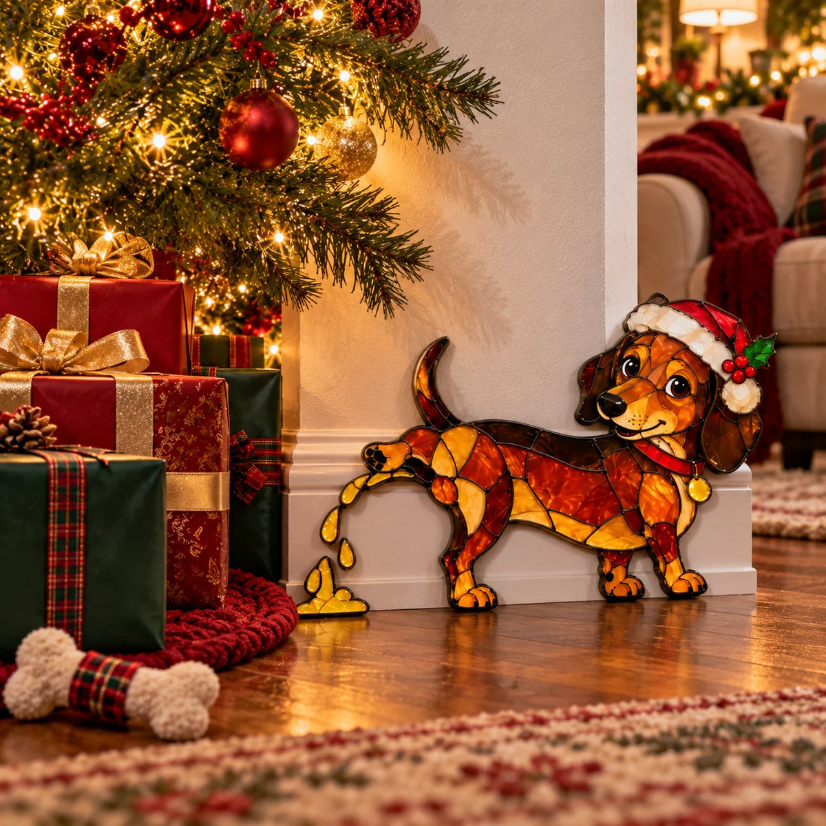 Funny Peeing Dachshund Christmas Decoration – Stained Glass-Style Sausage Dog Yard Art & Baseboard Decor