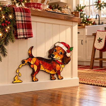 Funny Peeing Dachshund Christmas Decoration – Stained Glass-Style Sausage Dog Yard Art & Baseboard Decor