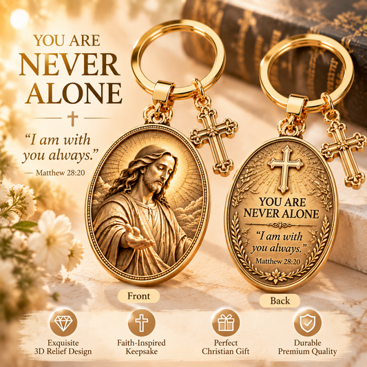 📌✝️ You Are Never Alone – Jesus 3D Relief Keychain with Inspirational Scripture & Cross Charm