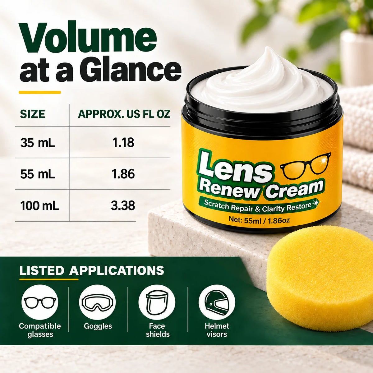 📌Lens Scratch Repair Cream Set with Sponge for Glasses Goggles Face Shields and Helmet Visors