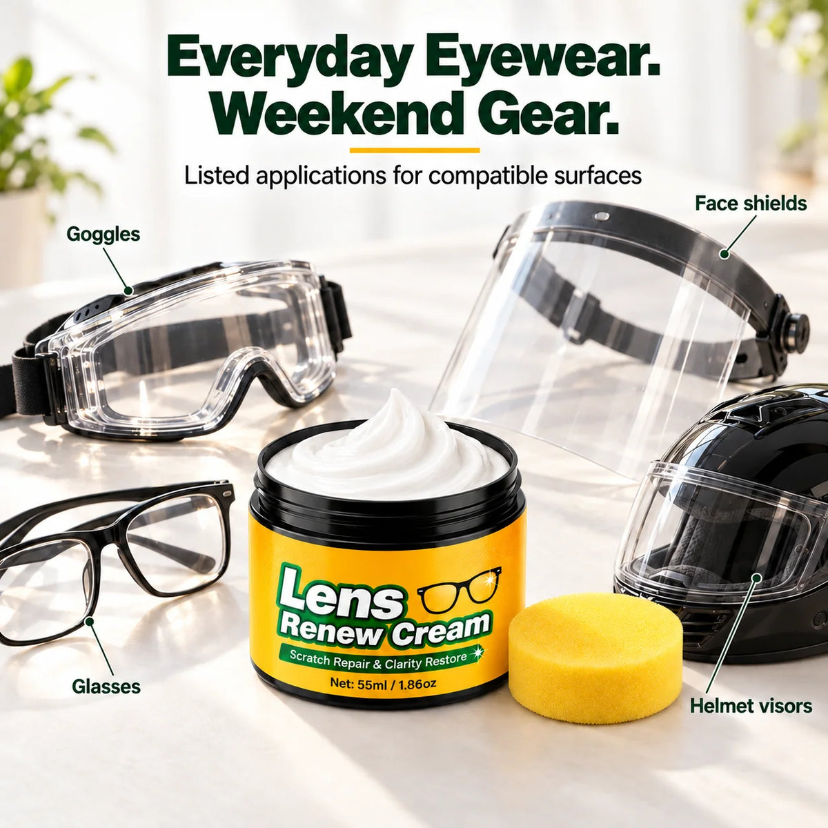 📌Lens Scratch Repair Cream Set with Sponge for Glasses Goggles Face Shields and Helmet Visors