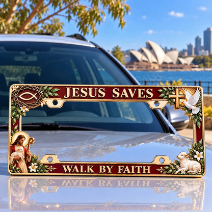 ⭐🐑🕊️ “Jesus Saves – Walk by Faith” Jesus Commemorative Metal License Plate Frame
