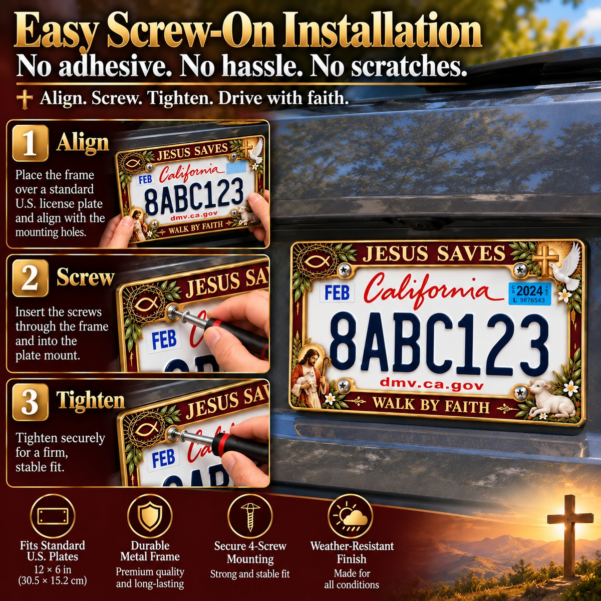 ⭐🐑🕊️ “Jesus Saves – Walk by Faith” Jesus Commemorative Metal License Plate Frame