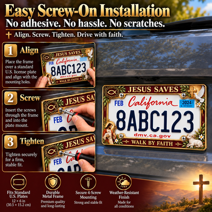 ⭐🐑🕊️ “Jesus Saves – Walk by Faith” Jesus Commemorative Metal License Plate Frame
