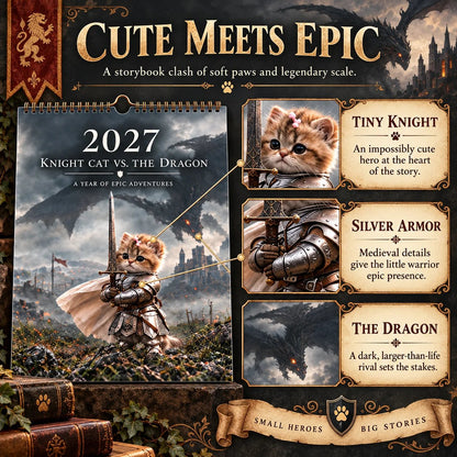 🐱 2027 Knight Cat vs. The Dragon Wall Calendar | 12 Fantasy Scenes