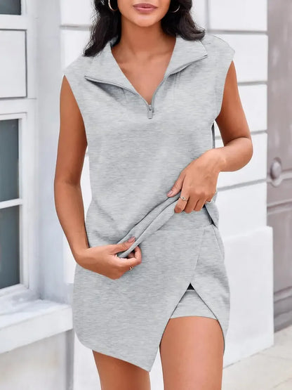 Womens 2 Piece Skirt Sets Summer Sleeveless Half Zip Sweatshirt Athletic Skorts Tennis Outfits Casual Sweatsuits