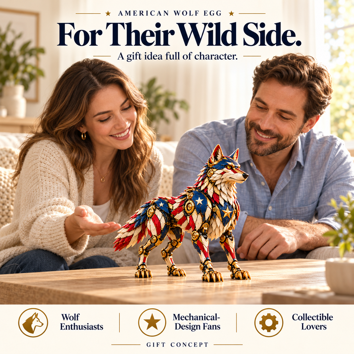🐺 American Wolf Egg – Stars & Stripes Mechanical Wolf Figure with Layered Armor & Gold-Toned Details